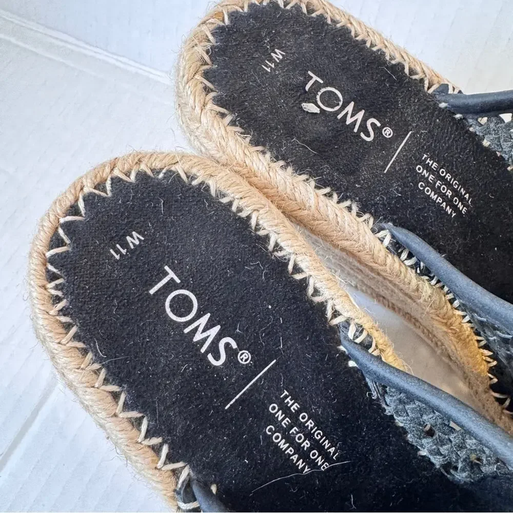 Toms Black Leather Peep Toe Espadrille Wedge Sandals Womens 11 Beachy Summer